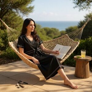 Zara midi dress, navy w/white ticking, Vneck, drawstring waist, short sleeve 💙🤍